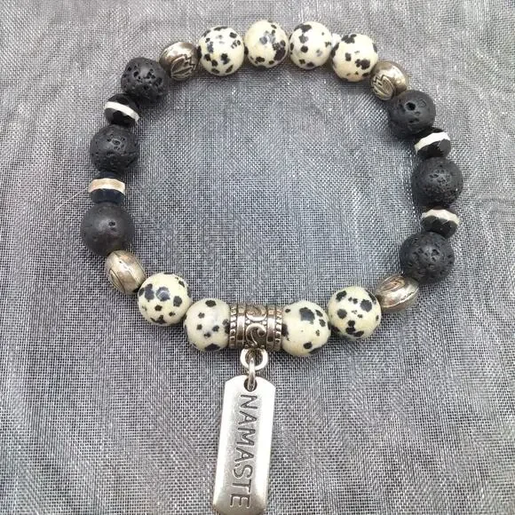 Dalmatian Jasper Beaded Bracelet Handmade Black Lava Stones Tibetan Silver Charm - Picture 3 of 10